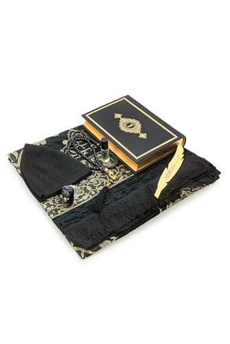 ihvan online, Muslim Prayer Rug Set, Arabic Quran, Prayer Beads, Mens Kufi Hat, Tasbeeh Counter, Islamic Scent, Dowry Gift Box for Men & Women, Janamaz, Salah Mat Gifts Set Wedding, Ramadan, Black - color: Black