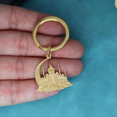 Mosque with Crescent Pendant Keychain for Women Men Muslim Jewelry Fashion Keyring Stainless Steel Islamic Key Chain Gift - color: Gold