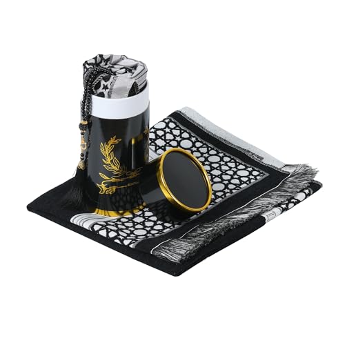 Islamic Prayer Rug Elegant Masjid Pattern Thin Mat Muslim Portable Blanket with Beads Ramadan Eid Gift Rug Turkish Prayer Carpet - color: Setc Black