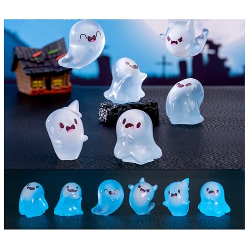 6PCS Cute Luminous Halloween Ghost Dolls, Glow in The Dark Ghost Fish Tank Aquarium Décor, Mini Ornaments for Desktop, Micro Landscape Creative Decoration Accessories