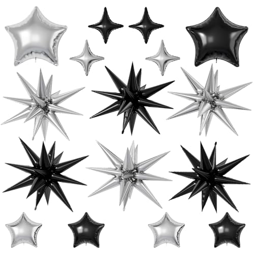 Black Silver Star Balloons,22/18/10 Inch Foil Balloons, Four-Pointed Balloon for Women Men Birthday Graduation Anniversary Wedding Baby Shower Party Decorations - color: Black Silver