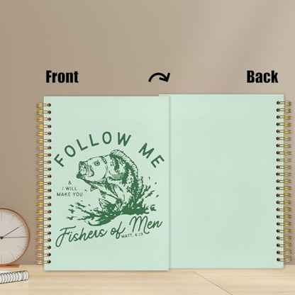 WUCHJ Green Retro Fish Christian Notebook, Matthew 4:19 Bible Verse Journal, Religious Scripture Spiral Notebook Journal for Note Taking, Christian Faith Based Gifts for Women Men, 5.5x8.3 Inch - color: green fish follow me