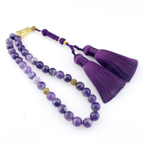Muslims Islamic 33 Dhikr Tasbeeh Tasbih Prayer Beads, Amethyst Purple Crystal Beads with Tassel