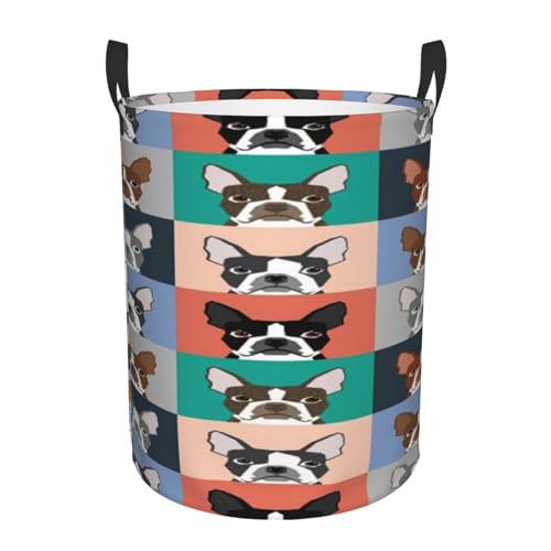 Boston Terrier Dog Round Waterproof Oxford Cloth Laundry Basket Multi-Purpose Storage Basket Toys Books Clothes Storage Basket - color: Black 9