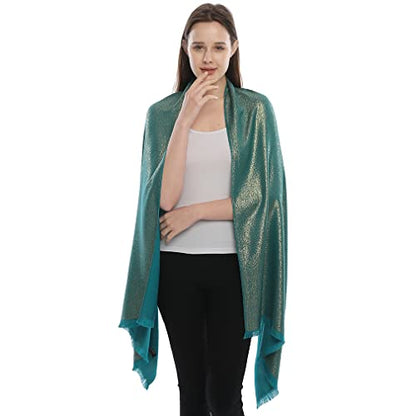 LMVERNA Women's Sparkling Metallic Soft Pashmina Shawls and Wraps Scarf in Solid Colors - color: Teal-gold