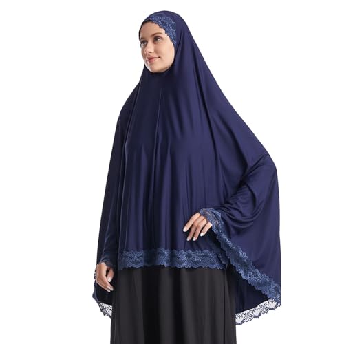 Muslim Women's Instant Big Hijab Jersey Turbans Khimar Abaya Soft Prayer Scarf, 1pc Lace - color: Navy, size: Medium
