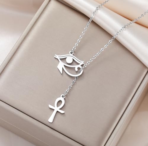 Ankh Cross Y Necklace Key of Life Eye of Horus Pendant Cartouche Long Chain Protection African Coptic Amulet Ancient Egyptian Religious Jewelry Gift for Women Men - color: Ankh Cross Eye of Horus silver