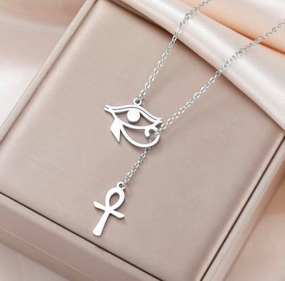 Ankh Cross Y Necklace Key of Life Eye of Horus Pendant Cartouche Long Chain Protection African Coptic Amulet Ancient Egyptian Religious Jewelry Gift for Women Men - color: Ankh Cross Eye of Horus silver
