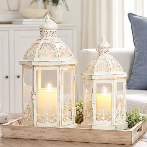 Lanterns Decorative Outdoor&Indoor, Set of 2 (15"&11") Beige Metal Lantern Decor with Glass, Candle Holder for Porch, Patio, Garden, Fall, Wedding, Christmas, Table Centerpiece - color: 15"& 11"h / Beige