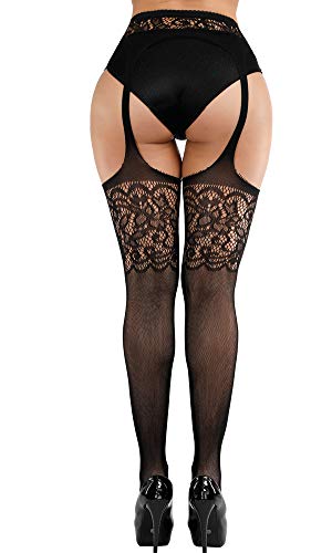 E-Laurels Womens High Waist Patterned Fishnet Tights Suspenders Pantyhose Thigh High Stockings Black - color: Black A1