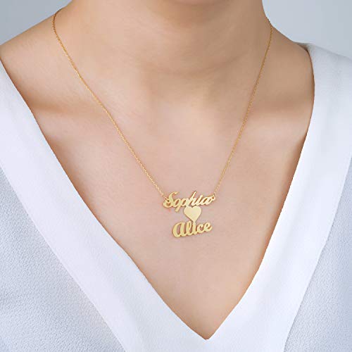 Custom Name Necklace Personalized, 18K Gold Plated Customized Nameplate Necklace Dainty Jewelry Gift for Women, Bridesmaid - color: 2 Names Necklace with Heart
