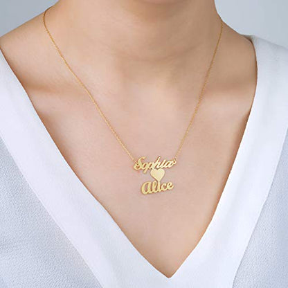 Custom Name Necklace Personalized, 18K Gold Plated Customized Nameplate Necklace Dainty Jewelry Gift for Women, Bridesmaid - color: 2 Names Necklace with Heart