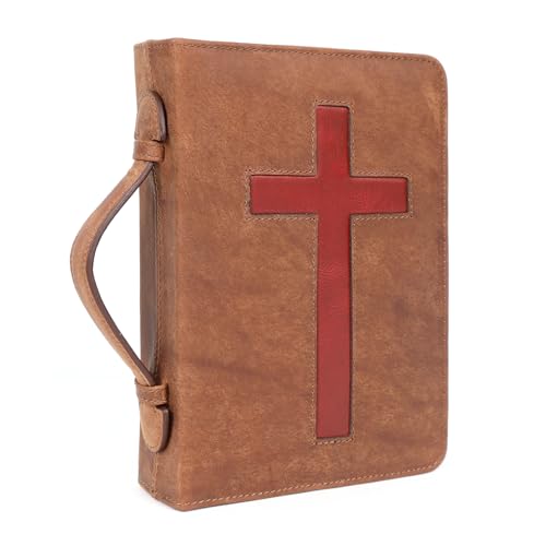 ELIZO Leather Bible Cover Bible Case for Men Women Genuine Leather Bible Bag Holder Cross Large Carrying with Zipper Case Protector Christian Religious Gifts for Mens Pioneer (Saddle Red/Small) - color: Saddle & Red, size: Small