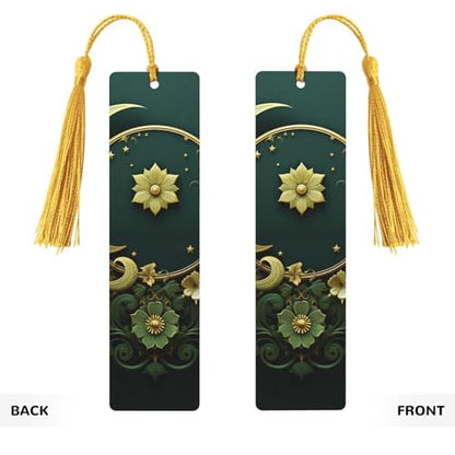 5 Pieces Wood Bookmark for Men Women Ramadan on Green Wallpaper Wooden Bookmarks Unique Handmade Book Marks with Tassel Pendant Craft Bookmark for Book Lovers Birthday Teachers Gift - color: Gold
