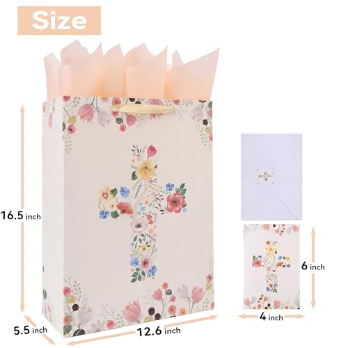 16.5" Extra Large Floral Religious Gift Bag Set with Handles, Greeting Card, Tissue Papers and Stickers for Women Girls, for First Communions, Baby Girl Baptisms, Christenings, Religious Occasion, Clergy Day, Cross Design, 1 Pcs - color: (16.5'' Extra Lar