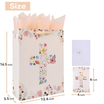 16.5" Extra Large Floral Religious Gift Bag Set with Handles, Greeting Card, Tissue Papers and Stickers for Women Girls, for First Communions, Baby Girl Baptisms, Christenings, Religious Occasion, Clergy Day, Cross Design, 1 Pcs - color: (16.5'' Extra Lar