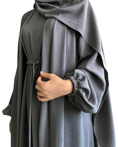 Women's Muslim Dress Two Pieces Set Islamic Prayer Abaya Modest Solid Color Muslim Outfits - color: Gray Abaya and Gray Hijab, size: XX-Large