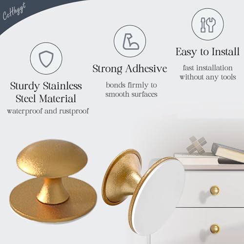 Adhesive Cabinet Knobs 4pcs Gold Self-Stick Knobs Drill Free Dresser Drawer Pulls Stainless Steel Stick On Handles for Medicine Cabinets Drawer Cupboards Glass Sliding Door Terrarium Lid - color: Gold