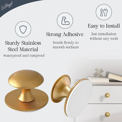 Adhesive Cabinet Knobs 4pcs Gold Self-Stick Knobs Drill Free Dresser Drawer Pulls Stainless Steel Stick On Handles for Medicine Cabinets Drawer Cupboards Glass Sliding Door Terrarium Lid - color: Gold