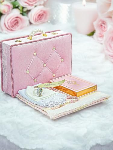 ihvan online Muslim Prayer Rug Set, Islamic Dowry Gift Box for Men & Women, Shawl, Kufi Hat, Digital Beads Counter, Quran Gift, Elegant Islamic Gifts Set for Ramadan & Eid & Wedding, Pink - color: Pink