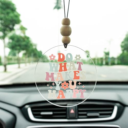 Talataca Makes You Happy 2D Flat Car Ornament & Wood Beads, Inspirational Quote Beaded Rear View Mirror Accessories, Retro Rearview Hanging Charm, Christmas Tree Decor - color: 35