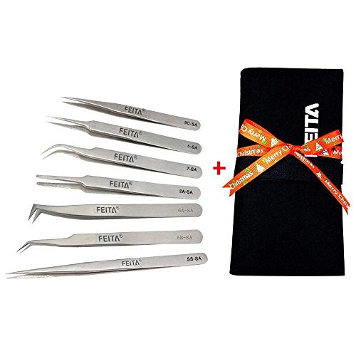 Professional Tweezers Set - FEITA Precision Tweezers with Travel Case - Stainless Steel Tweezers for Plucking, Watchmakers, Jewelry, Electronic, Craft (Silver 7Pcs) - color: Silver Tweezers - 7pcs