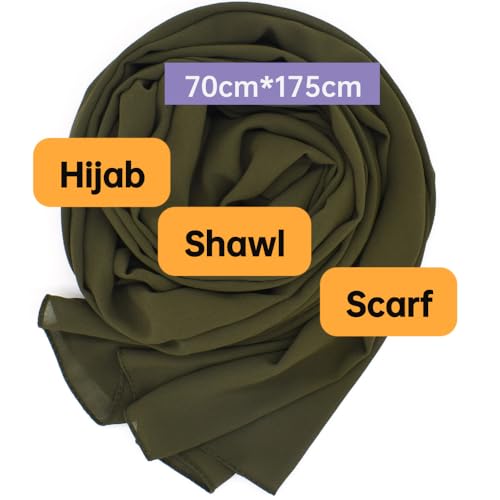 Chiffon Scarf for Women Lightweight Breathable Sunscreen Soft Solid Hijab Scarf for Daily & Muslim Wear - color: Military Green Chiffon Scarf