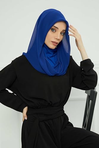 Aisha's Design Pre-tied Cotton-Chiffon Scarf for Women Practical Veil Instant Scarf Hijab Stylish Design - color: Sax Blue