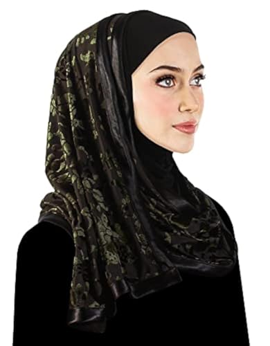 Stylish Mona Hijab Women's Black Kuwaiti with Chiffon Wrap Shawl & Satin Trim - color: Black With Green Velvet