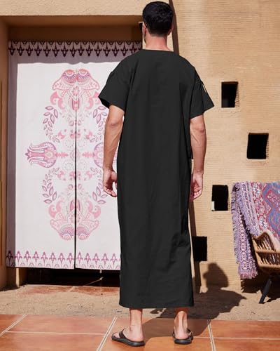 YAOHUOLE Men's Short Sleeve Kaftan Thobe Side Split Caftan with Pockets Long Gown Thobe - color: Black, size: X-Large