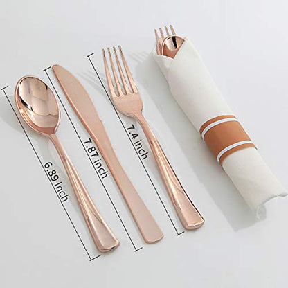 Supernal 30 Pack Pre Rolled Rose Gold Plastic Silverware with Linen Feel Napkin, Heavy Duty Disposable Wrapped Cutlery Set for Bridal Showers, Weddings, Birthdays & 2026 Graduations - color: Rose Gold, size: 30 Pack