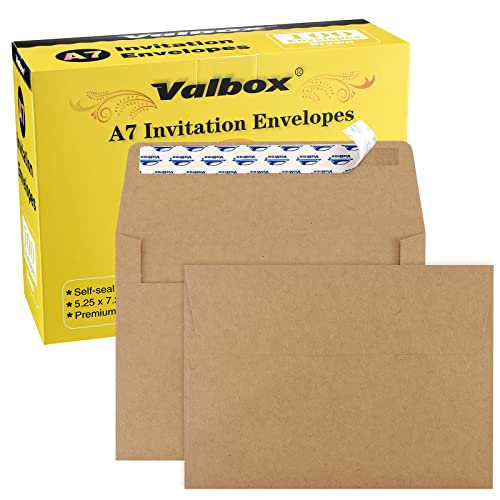 ValBox 5x7 Envelopes for Invitation 100 Qty A7 Envelopes Self Seal Brown, Kraft Paper Envelope for 5x7 Cards, Weddings, Baby Shower, Stationery, Office, 5.25 x 7.25 Inches - color: Brown, size: A7 (5.25 x 7.25 Inches)