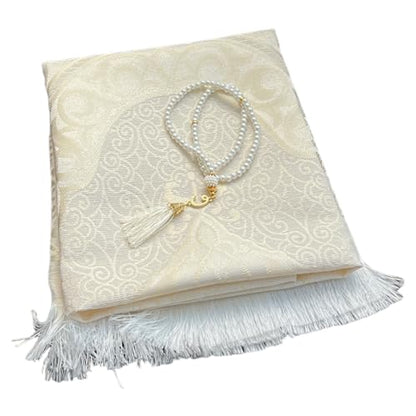 Muslim Prayer Rug and Beads with Elegant Slub Fabric Bag | Janamaz | Sajadah | Soft Islamic Prayer Rug | Islamic & Mawlid Gifts | Prayer Carpet Mat, Taffeta Fabric (White, 8 Sets) - color: White, size: 8 Sets