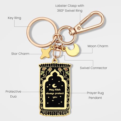 Islamic Keychain – Gold-Plated Enamel Muslim Keychain with Quran Verse & Charms, Islamic Gifts for Women & Men - color: Black