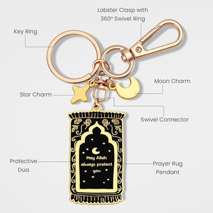 Islamic Keychain – Gold-Plated Enamel Muslim Keychain with Quran Verse & Charms, Islamic Gifts for Women & Men - color: Black