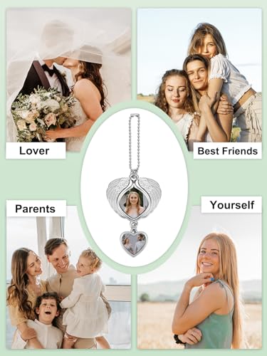 PiercingJ Custom Photo Rearview Mirror Car Charm Double Side Picture Engraving Car Hanging Ornament Angel Wing Car Charm Gift for Men Women - color: Silver(heart)-1 Pc
