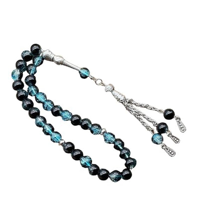 Islamics Prayer Beads 33 Tasbih Ice Cracked Glass Rosary Necklace for Muslims Worship and Spiritual Reflection Daily Worship Tasbih - color: Blue black