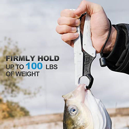 7.5'' Floating Fish Gripper, Fishing Grabber | Catfish Mouth Pliers, Caught Bass Holder, Fish Scale Hook Clamp, Saltwater Lip Grip Tool with Lanyard, Gifts for Men - color: White-black