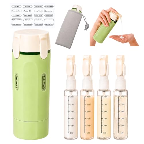 4 in 1 Travel Dispenser, Leak-Proof Travel Bottles with Storage Bag, 4 Refillable 30ml (1oz) Travel Containers for Toiletries, Portable Green Set for Shampoo, Body Wash, Lotion