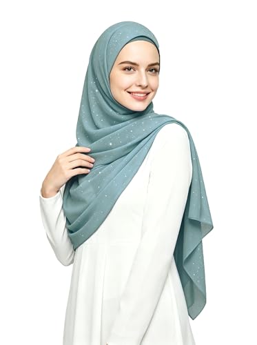 Lina & Lily Sparkle Shimmer Gold Glitter Women's Chiffon Hijab Head Scarf Shawl Wrap Lightweight - color: Ice Blue