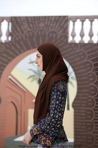 SARJANA Women's Solid Color Cotton Hijab with Under Scarf Cap Ready to Wear Stretch Scarves Long Scarfs FREE SIZE - color: Brown