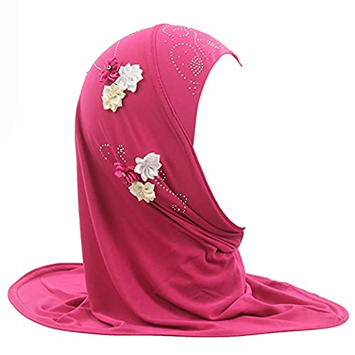 Girls Muslim Hijab Floral Lace Head Scarf Kids Islamic Arab Scarf Shawls Head Wrap with Flowers - color: Rosy (6 Flowers)