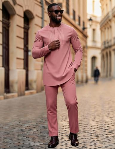 Mens African 2 Piece Set Nigerian Dashiki Traditional Suit Pleated Snap Button Shirts and Pants Outfit - color: Pink, size: Small