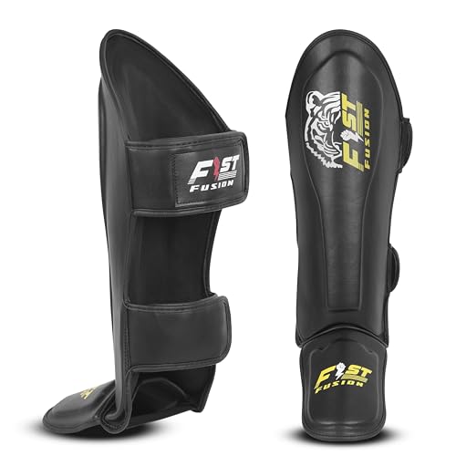 FF MMA Shin in Step Guards Padded Muay Thai Leg Protection for Kickboxing Training Sparring Leg Guards Adjustable Boxing Shininstep x2 - color: Black (Yellow Logo), size: Small-Medium