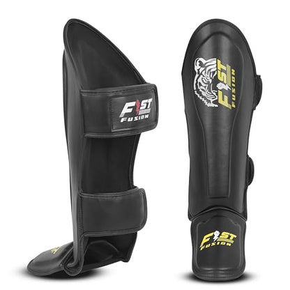 FF MMA Shin in Step Guards Padded Muay Thai Leg Protection for Kickboxing Training Sparring Leg Guards Adjustable Boxing Shininstep x2 - color: Black (Yellow Logo), size: Large/XL