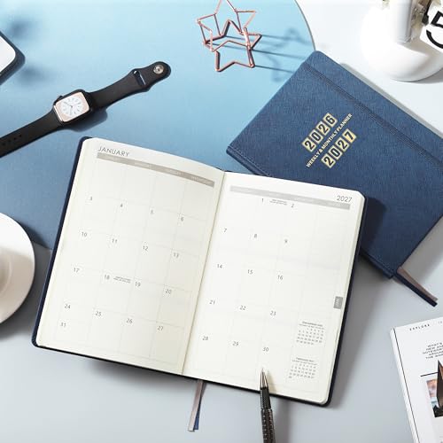 Artfan Planner 2026-2027 - Academic Planner 2026-2027, Jul. 2026 - Jun. 2027, 12-Months Weekly and Monthly, 5.75" x 8.25", Saffiano Leather with Thick Paper, Back Pocket with Notes Pages - Navy Blue - color: Sky Blue D