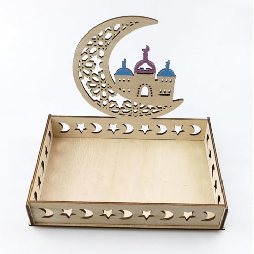 KYMY Ramadan Mubarak Wooden Dessert Tray, Muslim Rectangle Plate Tray for Islamic Eid Mubarak Festival Party, Dessert Food Fruit Storage Tableware Decorations