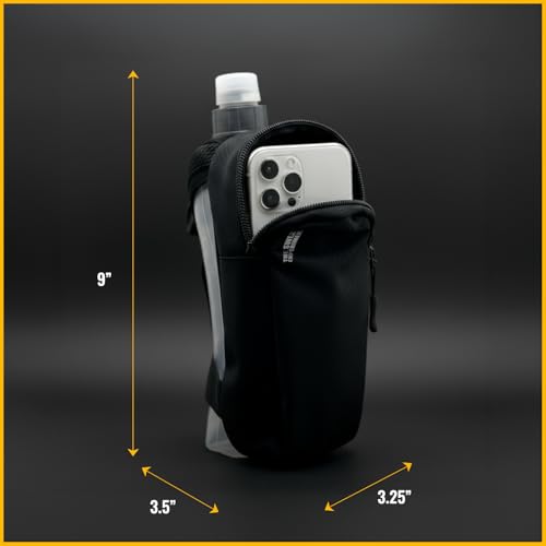 Handheld Running Water Bottle with Large Phone Holder – 12oz Grip-Free Hydration Flask with Pocket for Cards & Keys – Adjustable Strap for Walking, Running, Hiking