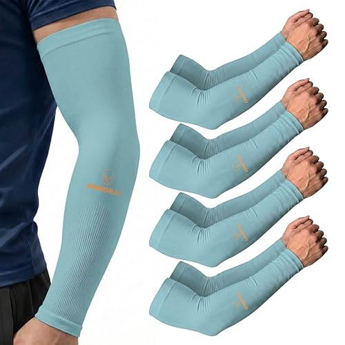 ARMORAY Arm Sleeves for Men and Women - UV Sun Protection Cooling Compression - Tattoo Cover Up Sleeve for Daily Wear & Work - color: Aqua Blue (4 Pairs)