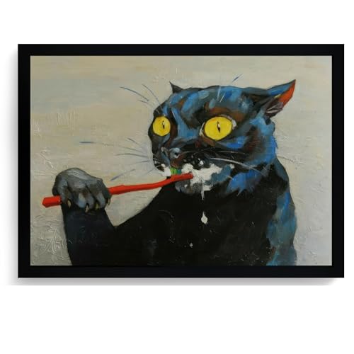 ICHZUMW Framed Funny Black Cat Bathroom Decor Canvas Wall Art, 16x24 Inches - color: Toothbrush Cat, size: 24"L x 16"W